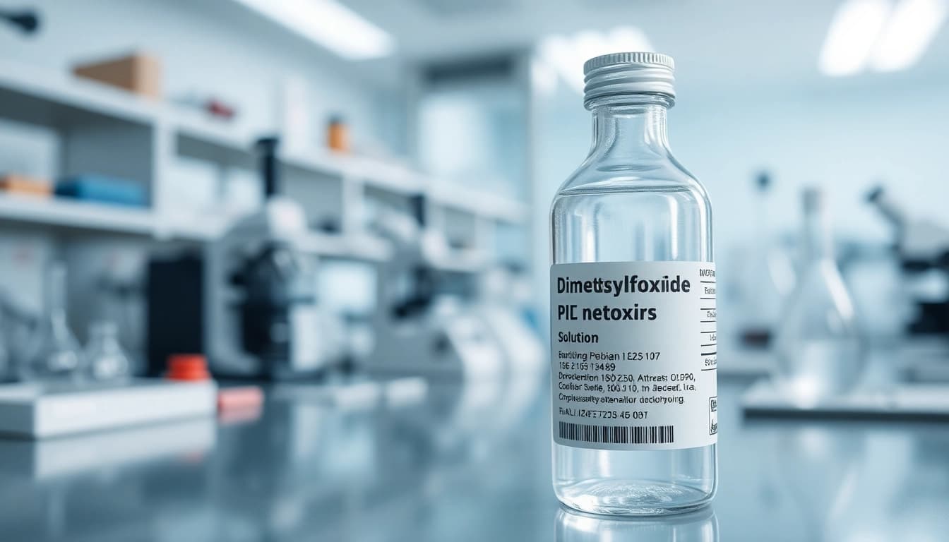 Analyze dimethylsulfoxide in a laboratory setting with clear vial and scientific tools.