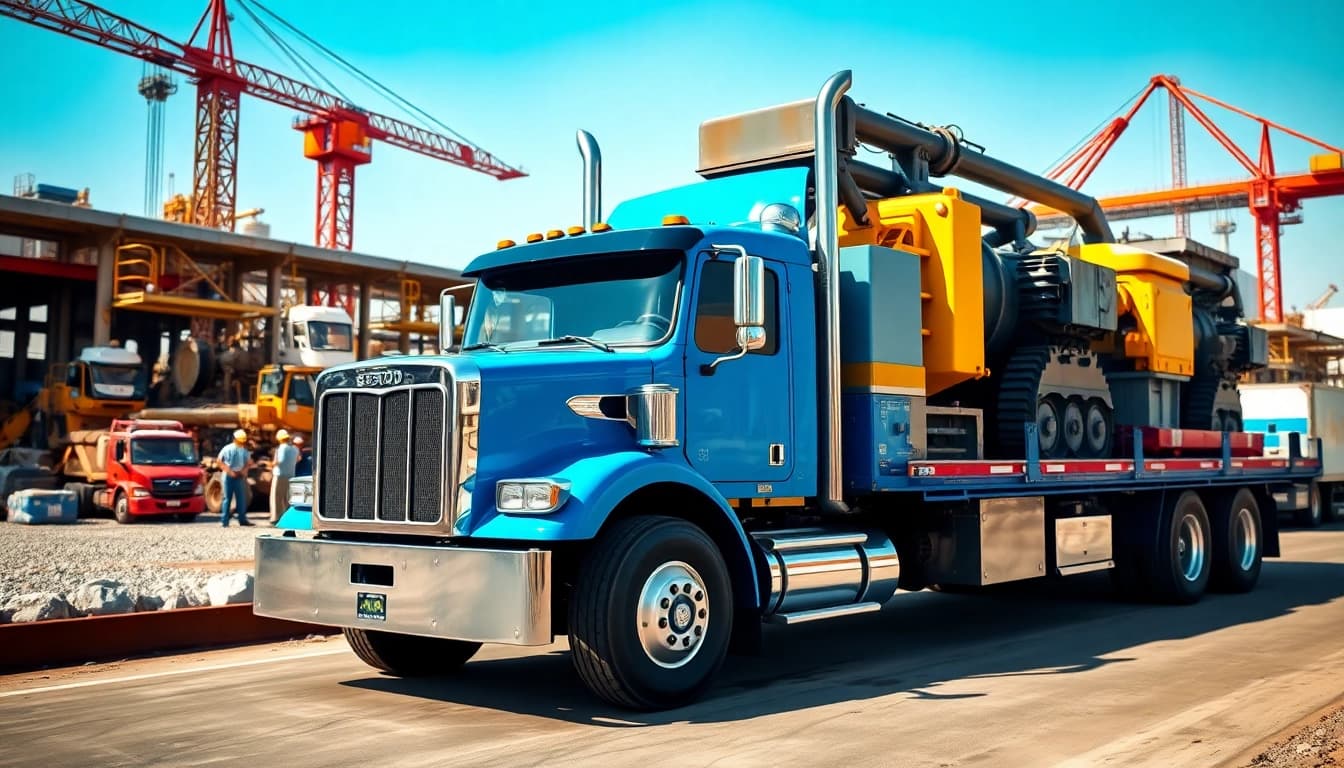 Truck transporting heavy equipment highlighting safe equipment transportation in industrial setting.