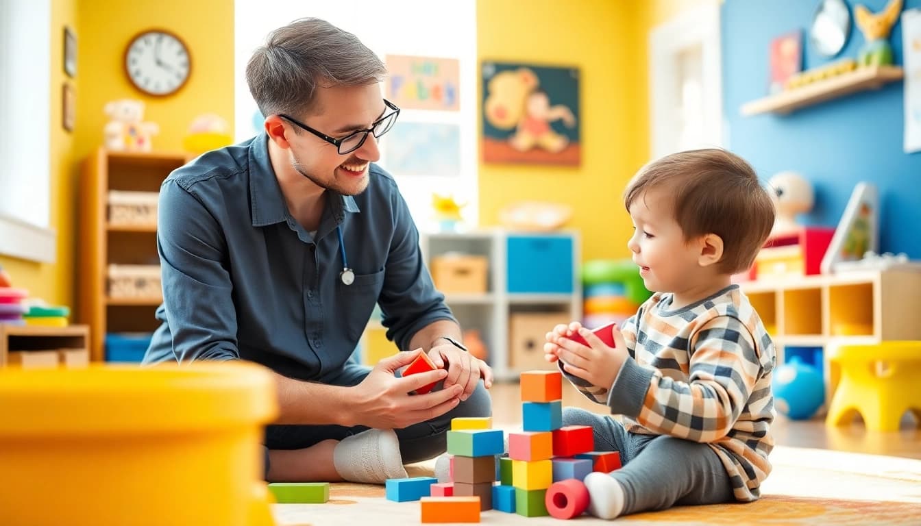Engaging scene of ABA therapy in Brighton with a therapist supporting a child during a session.