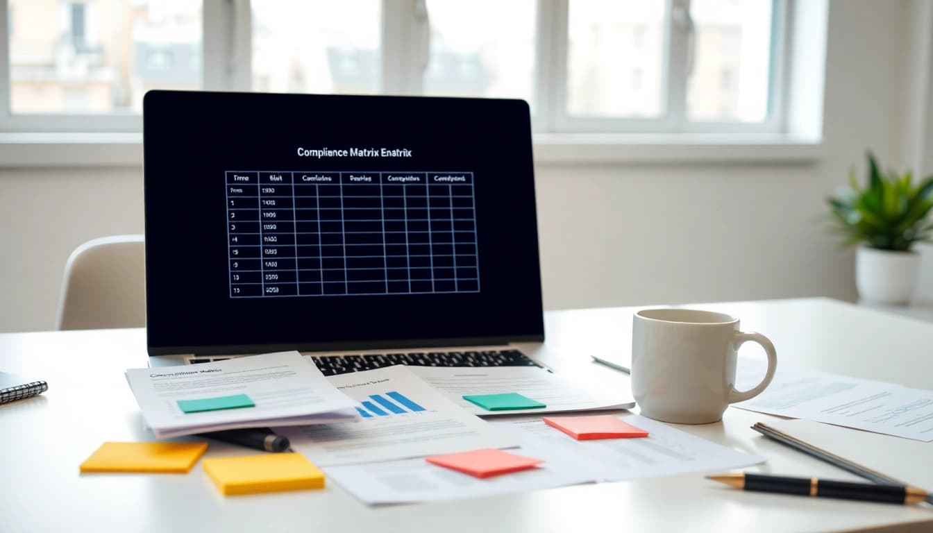 Utilizing a compliance matrix generator tool on a modern office desk for streamlined proposal management.