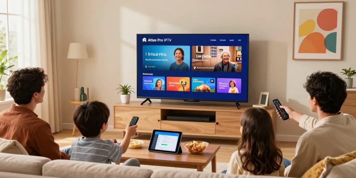 Family enjoying Atlas Pro IPTV on a Smart TV in a cozy living room.