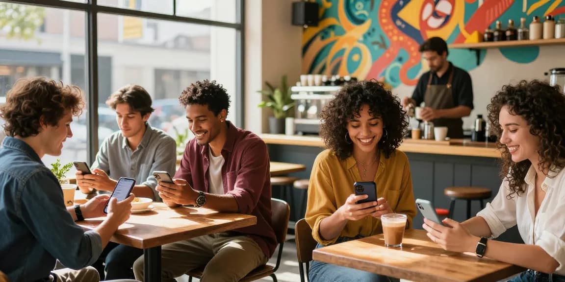 Engaging dating scene showing singles using a dating app in a bright café environment.
