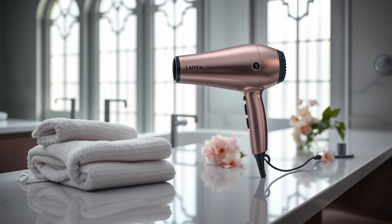 Showcasing the Laifen website's premium hair dryer in an elegant bathroom setting.
