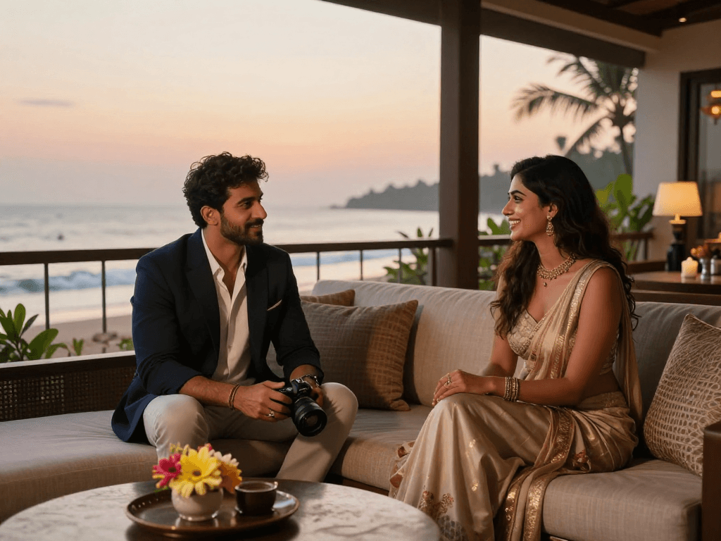 Goa call girls offering companionship in a luxurious hotel setting with sunset views