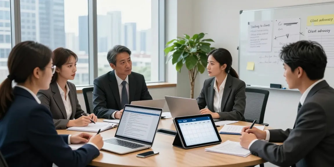 Legal professionals talking to clients in a modern office, showcasing teamwork and consultation.