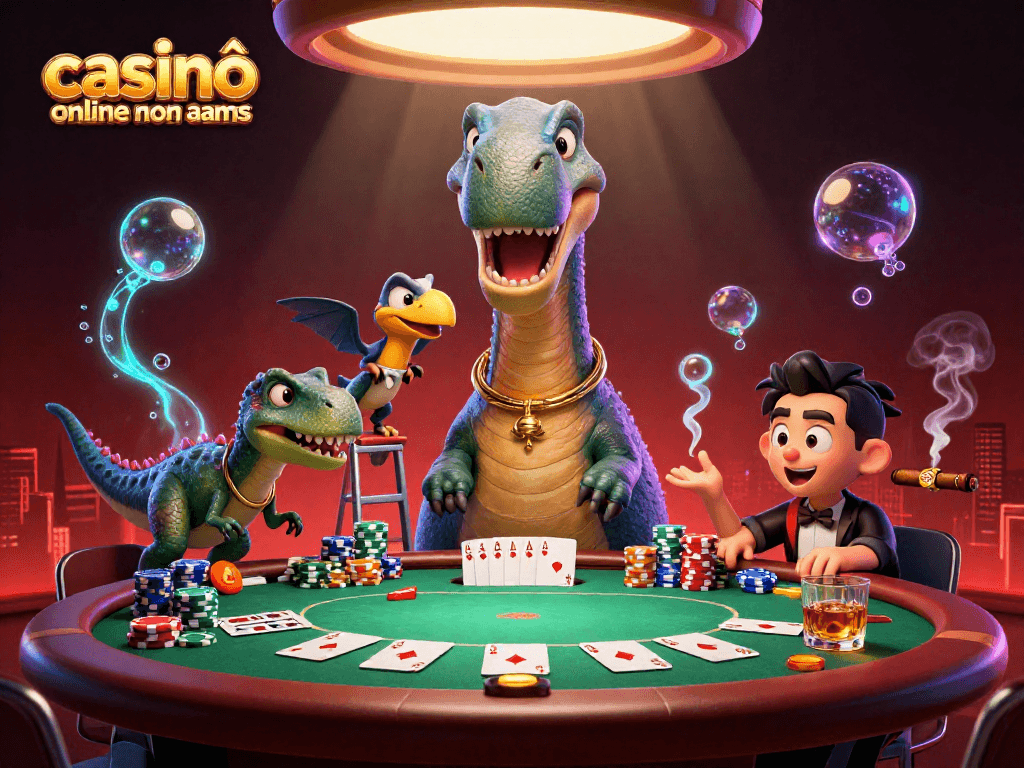 Giocatori si sfidano nei casinò online non AAMS con un brontosauro gigante e un astuto raptor che distribuisce carte.