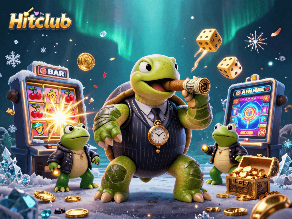 Hitclub's massive snapping turtle and bullfrog enforcers dominate the casino floor in a thrilling 3D scene.