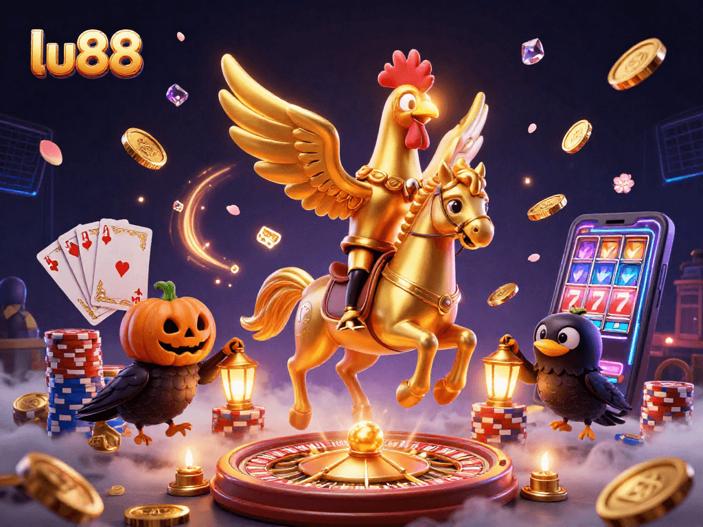 Experience the excitement of lu88 with a dynamic 3D illustration of a golden rooster in a casino atmosphere.