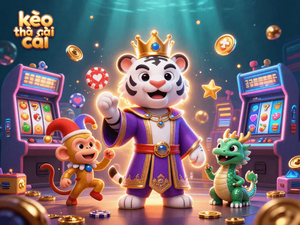 Experience vibrant gaming with kèo nhà cái featuring a majestic tiger, juggling monkey, and lively casino elements.