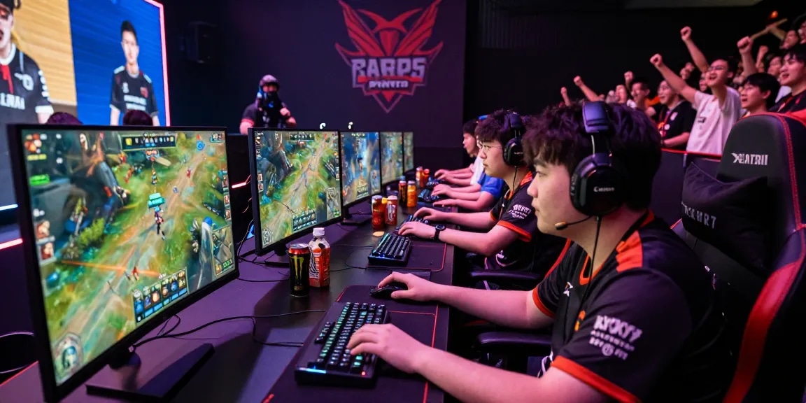 M98 ล๊อตเว็บตรง 2026 dynamic esports tournament with players and gaming equipment.