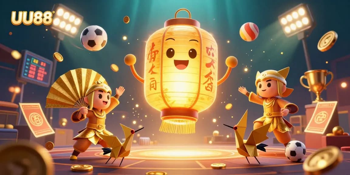 UU88 gaming scene showcasing a golden lantern spirit and sports-themed elements for an engaging casino experience.