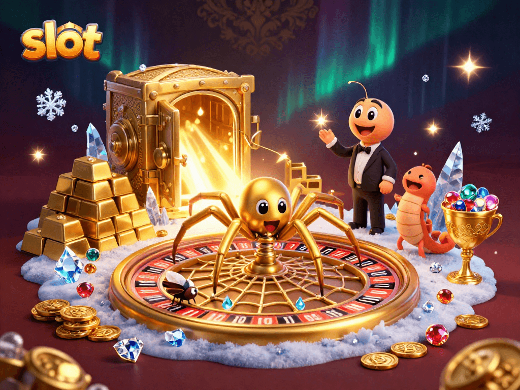 Menang jackpot di slot Gacor123 dengan ilustrasi 3D karakter mainan dan harta karun yang berkilau.