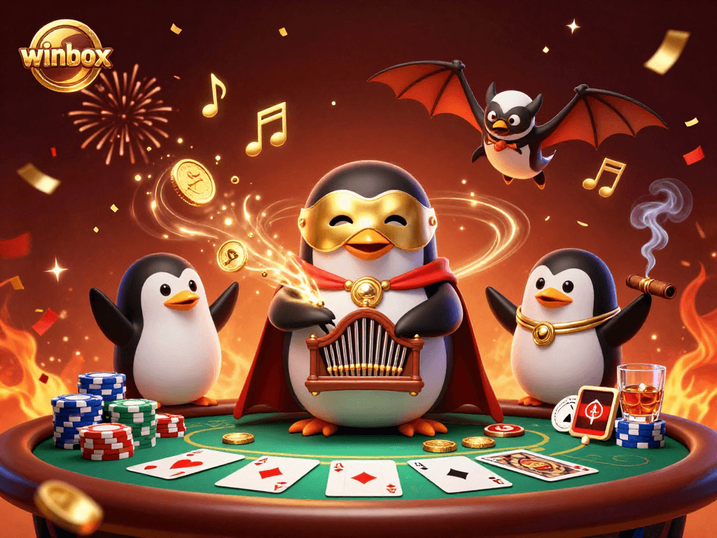 Experience winbox's excitement with a whimsical penguin organist showering golden coins amidst poker festivities.