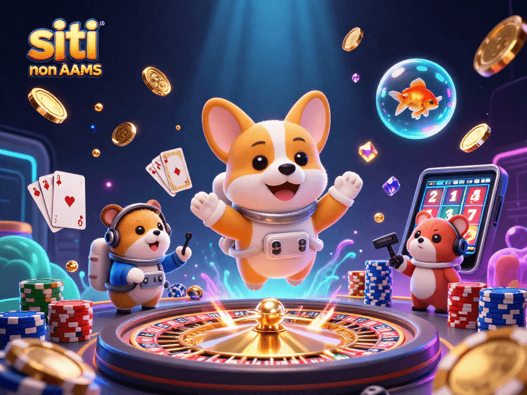 Gioca nei siti casino non AAMS con un corgi astronauta in un casinò spaziale pieno di monete dorate e gemme brillanti.