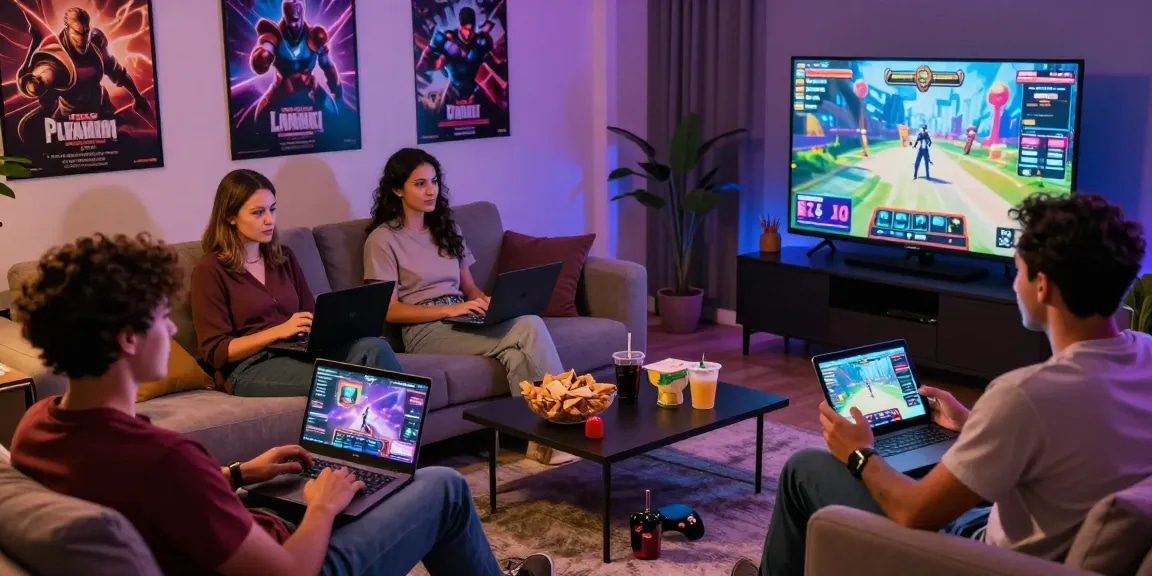 Engaging scene of adults playing interactive porn game on various devices in a cozy living room.