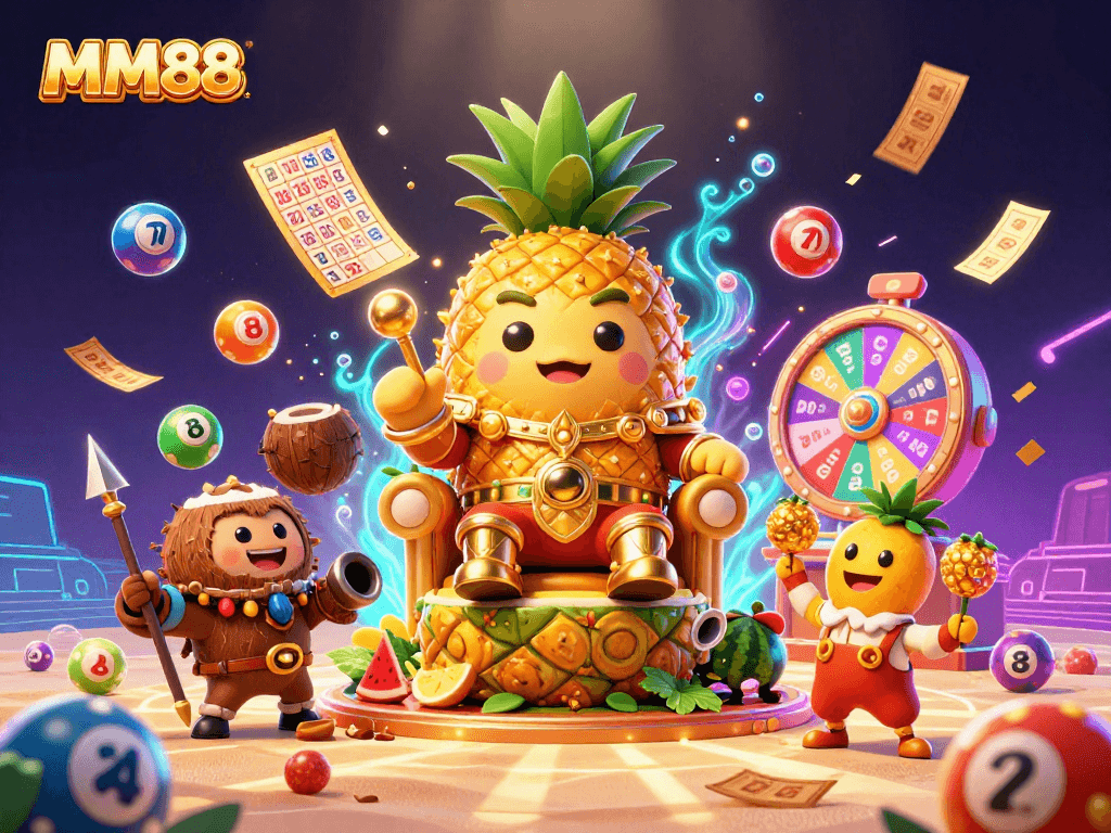 Experience the vibrant excitement at MM88 with a lively casino scene featuring a golden pineapple king in a dynamic 3D illustration.