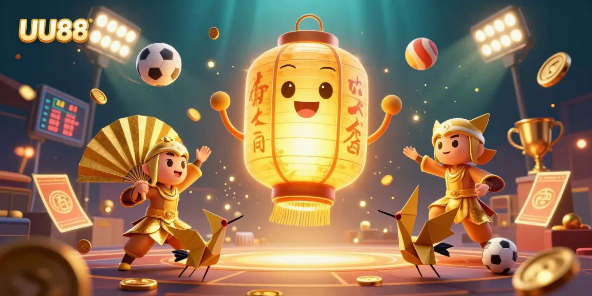 UU88 gaming scene showcasing a golden lantern spirit and sports-themed elements for an engaging casino experience.