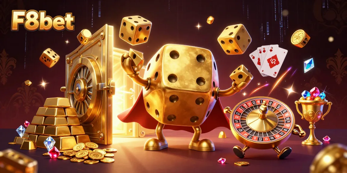 Witness the excitement of F8bet with a dynamic 3D casino scene featuring golden dice and treasure.