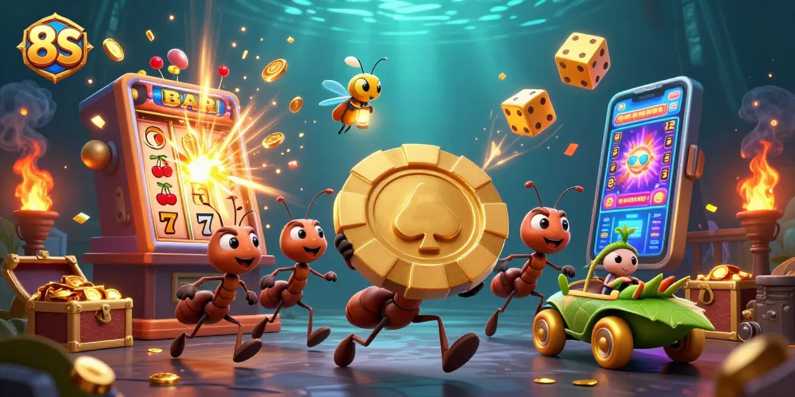 Experience the thrilling heist at 8S casino, with ants, golden chips, and vibrant gaming elements.