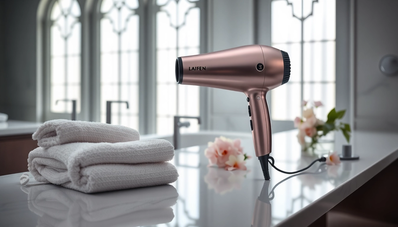 Showcasing the Laifen website's premium hair dryer in an elegant bathroom setting.
