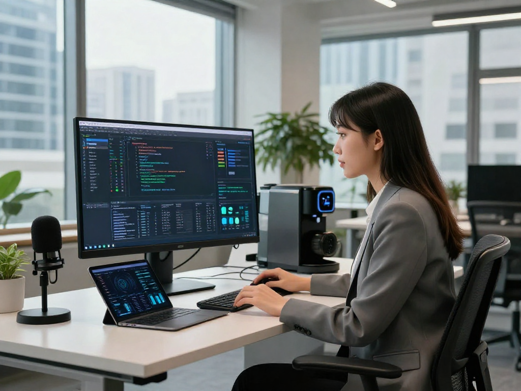 Professional workspace showcasing ai 18+ technology with data visualizations and modern design elements.