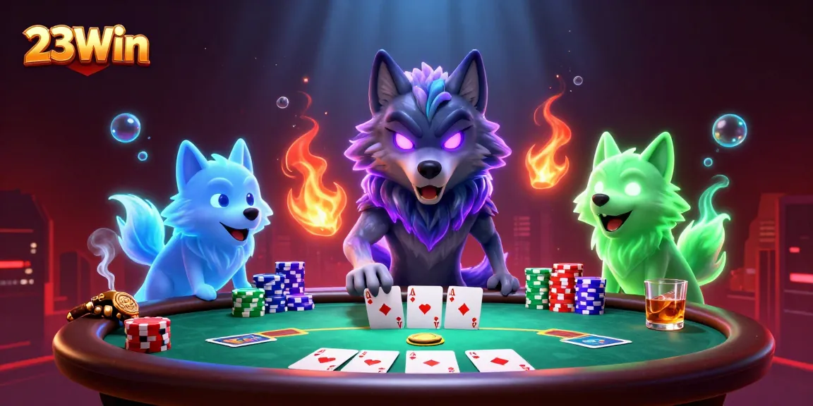 Engage with 23Win's thrilling atmosphere, showcasing the excitement of poker with mystical wolves and vibrant elements.