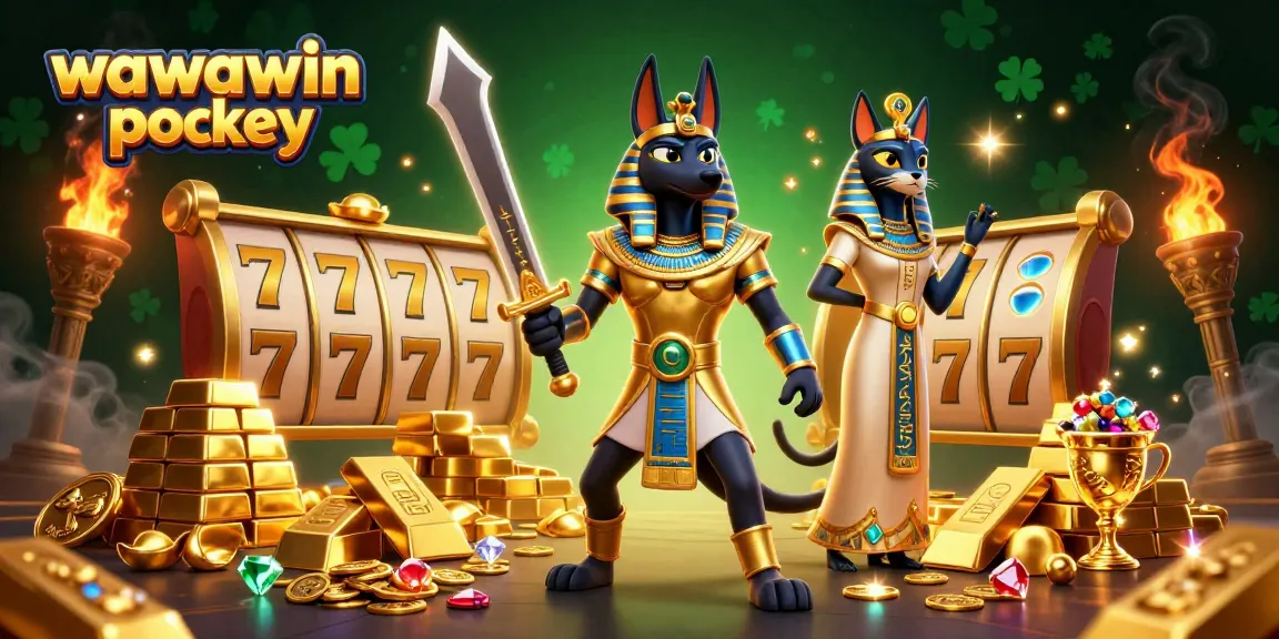 Experience thrilling wawawin pokies with Anubis and Bastet amidst treasures and slot reels.