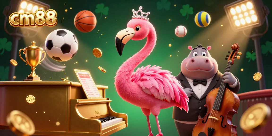 Engage with cm88 in an immersive, vibrant casino illustration showcasing a flamingo lounge singer and hippo bassist.