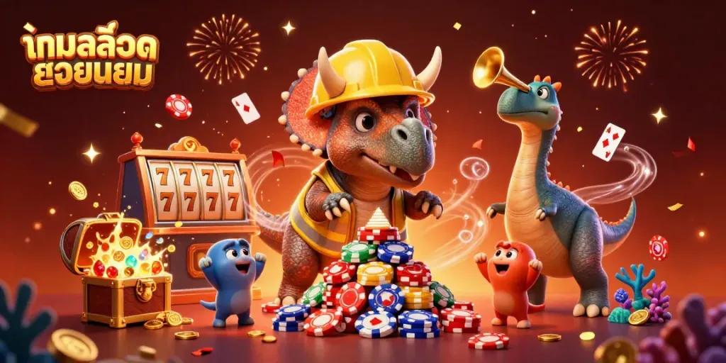 Celebrate withเกมสล็อตยอดนิยม in a vibrant casino scene packed with action and excitement.