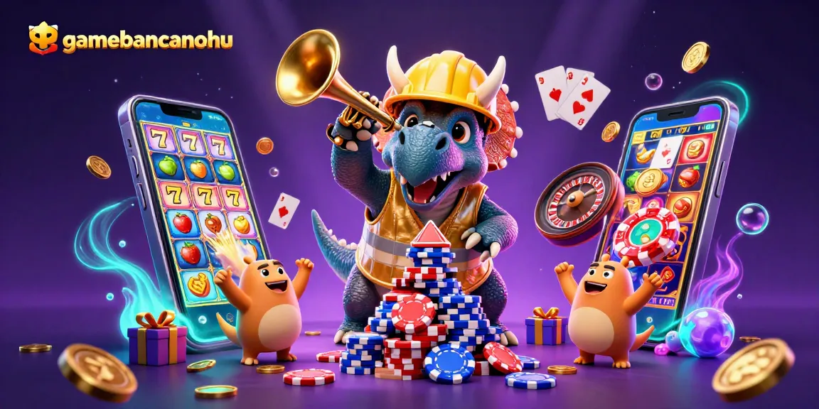 Cheerfully building a poker chip pyramid, gamebancanohu features a triceratops and parasaurolophus celebrating casino wins.
