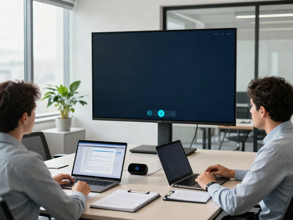 Secure deepfake protected Online Video Calls, Meetings and Conferencing in a modern office setting with professionals collaborating.