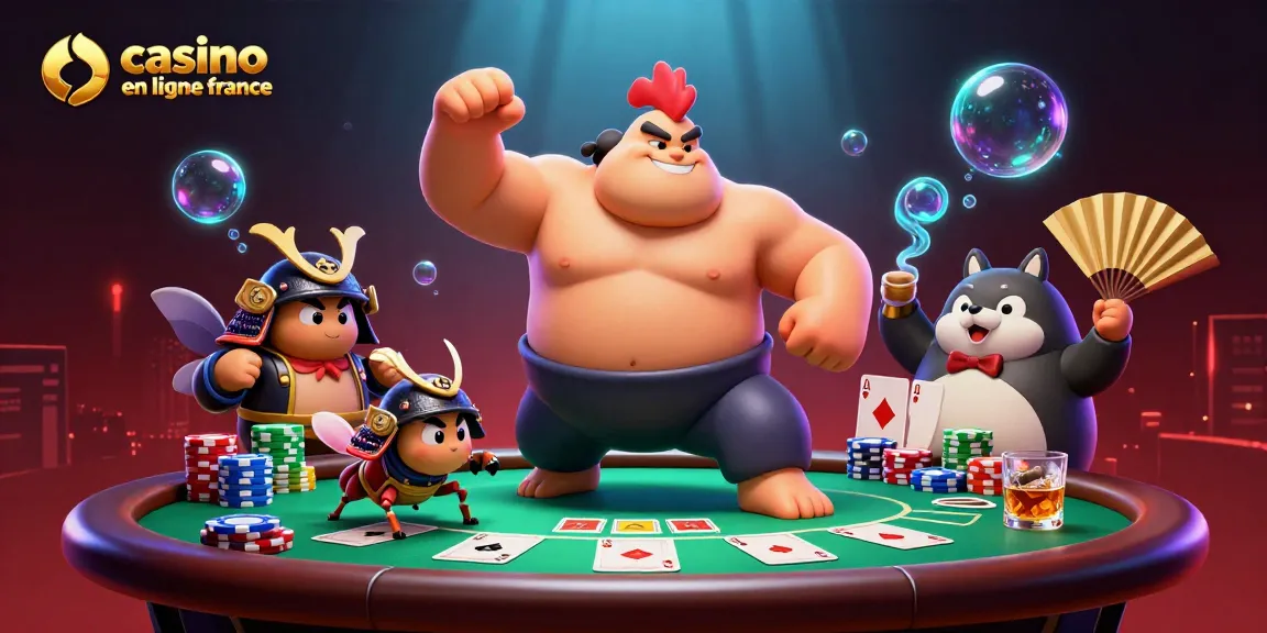 Illustration dynamique représentant un casino en ligne France avec un lutteur sumo, un criquet en armure et un tanuki.
