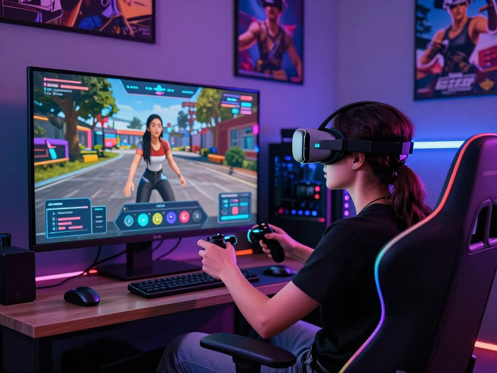 A user exploring an nsfw ai girlfriend simulation in a high-tech VR setup, showcasing immersive graphics and interactive elements.