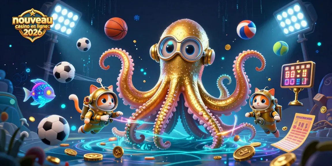 Illustration dynamique de nouveau casino en ligne 2026, mettant en scène un kraken et un chat plongeur.