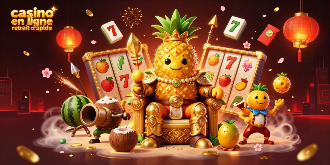 Un casino en ligne retrait rapide avec un roi ananas 3D et des éléments de machines à sous vibrants.