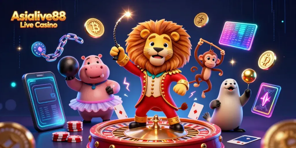 Engaging scene of Asialive88 Live Casino with dynamic characters surrounded by casino elements.