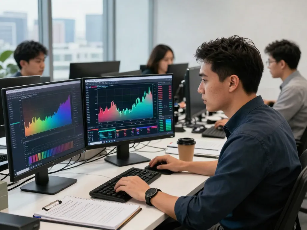 Trader utilizing TradingView on multiple screens in a vibrant office.
