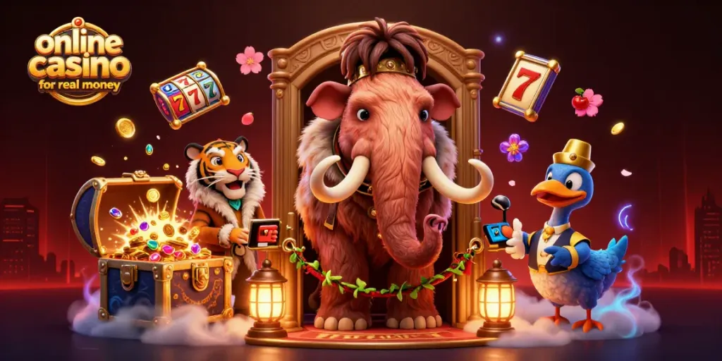 Experience the thrill of winning at an online casino for real money with vibrant characters and casino elements.