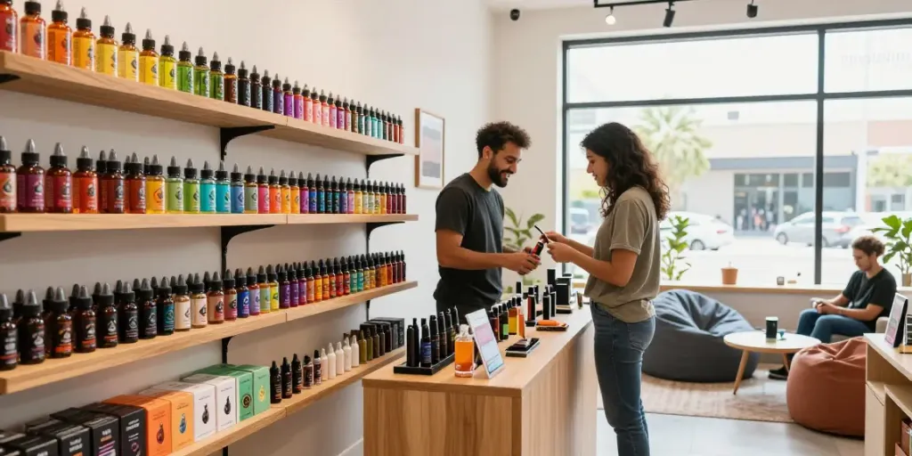 Vape juice online selection displayed in a vibrant vape store showcasing diverse flavors and customer engagement.