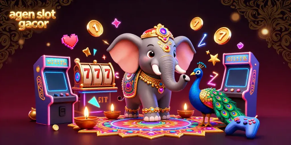 Engage with agen slot gacor through an electrifying scene featuring a Diwali-themed elephant, vibrant slot elements, and arcade games.