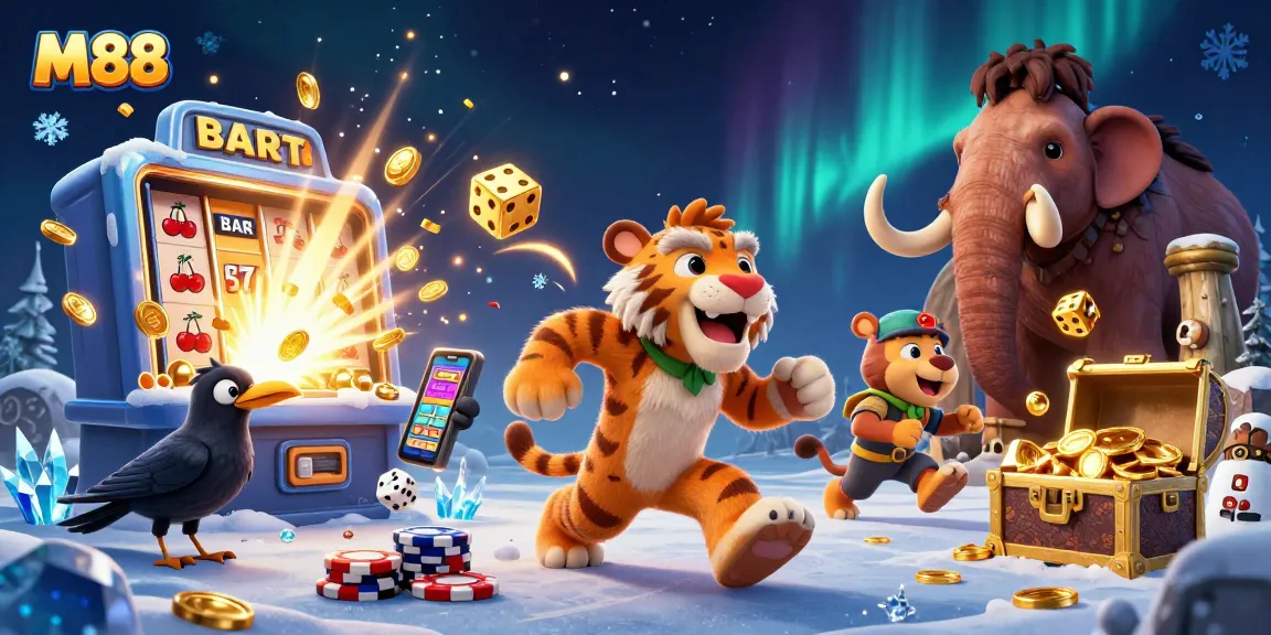 M88 casino scene with 3D characters engaging in thrilling gaming action and jackpot excitement.