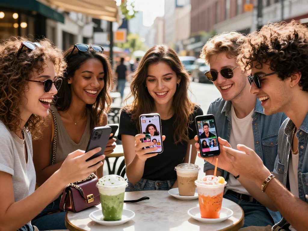 Young friends excitedly discussing who they look like celebrities while using a mobile app at a trendy café.
