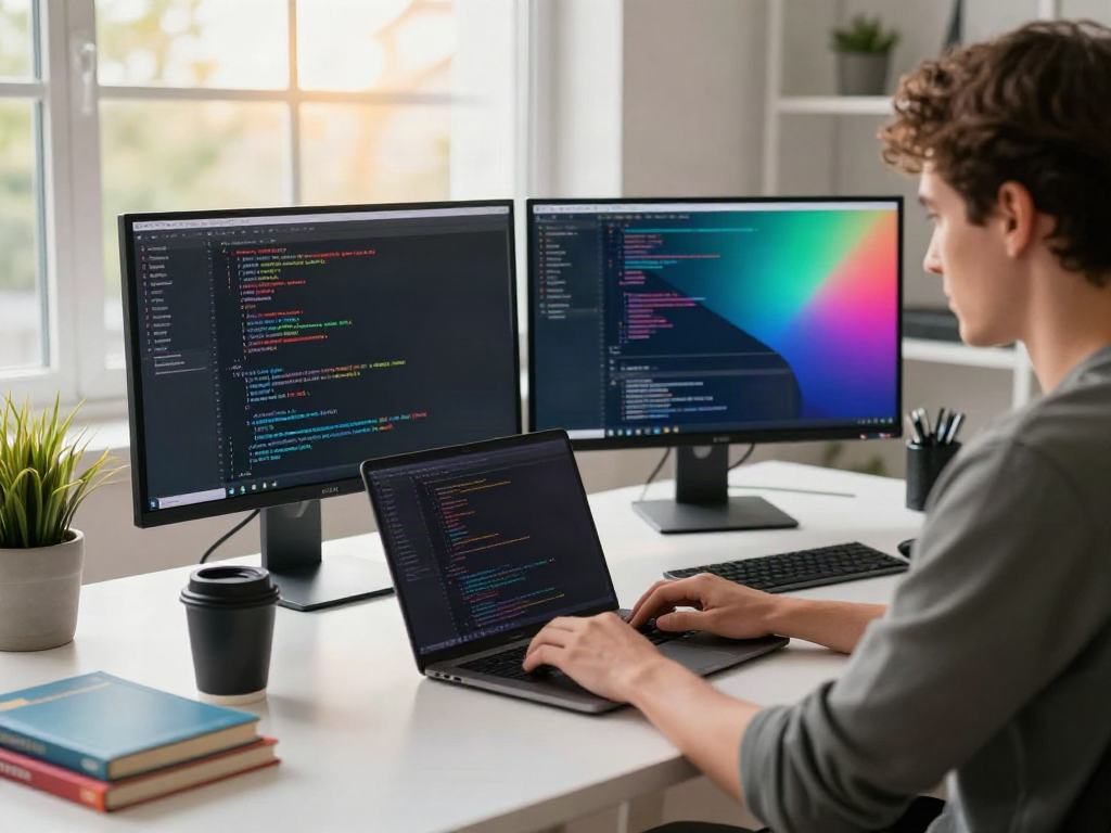Developer coding in a tech workspace with dual monitors, highlighting v2rayN官网.