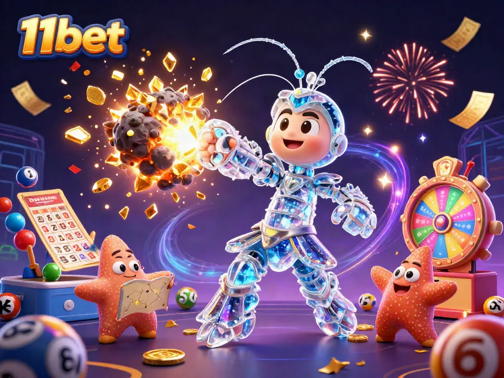Engage in thrilling gaming at 11bet with colorful elements like lottery balls, prizes, and casino excitement.