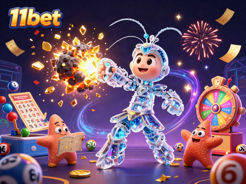 Engage in thrilling gaming at 11bet with colorful elements like lottery balls, prizes, and casino excitement.