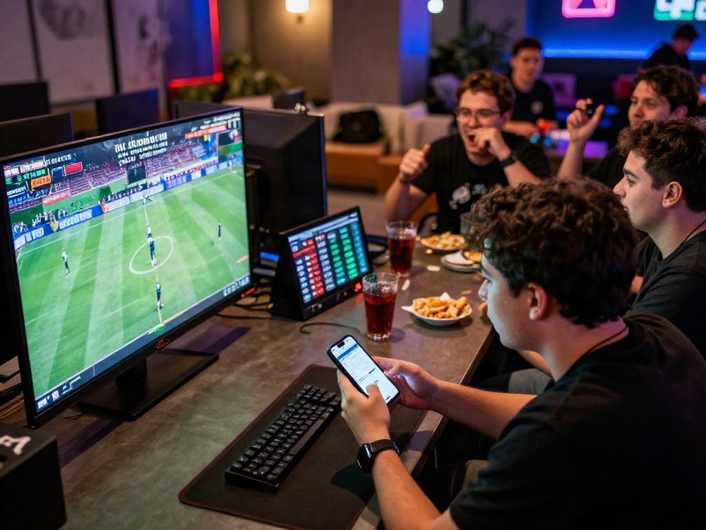Engaged group of friends enjoying 먹튀스팟 검증사이트 and live betting events in a modern gaming lounge.