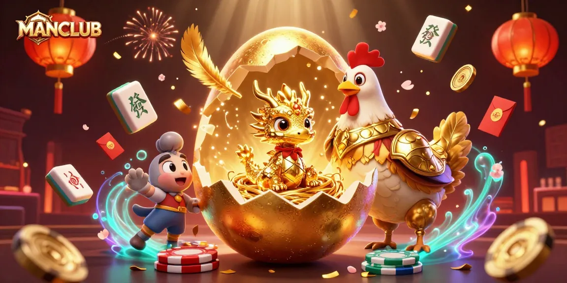 Engage with MANCLUB's thrilling gaming scene featuring a golden dragon and poker chips.