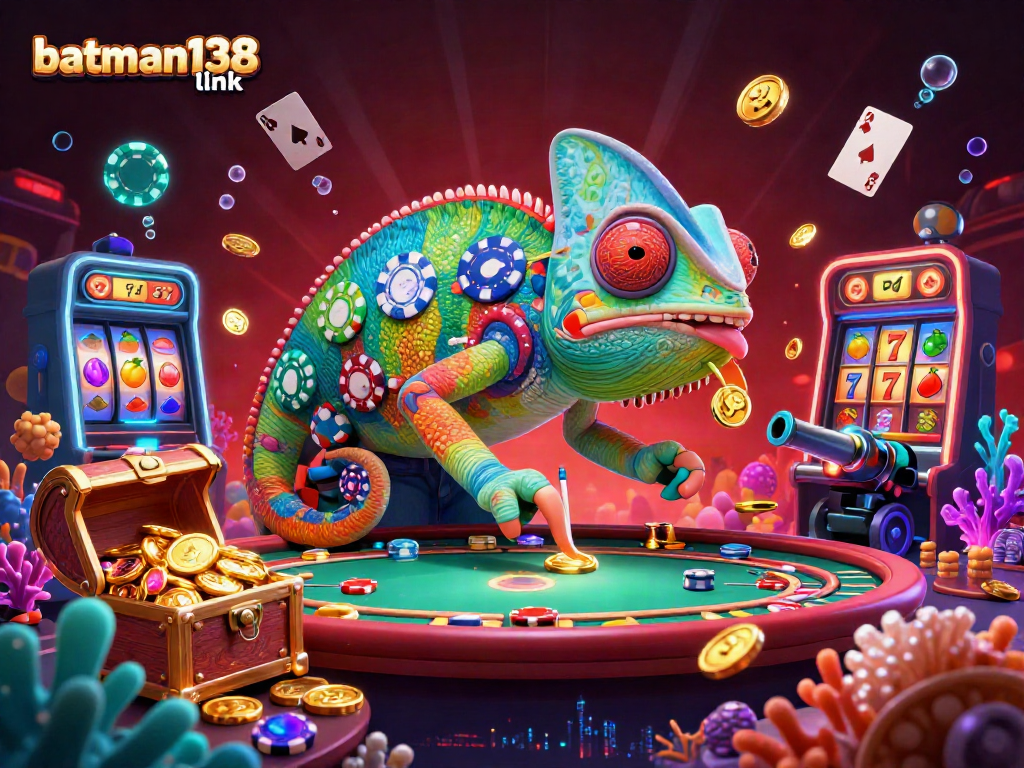 Winning big with batman138 link in a colorful casino scene featuring a dynamic chameleon owner.
