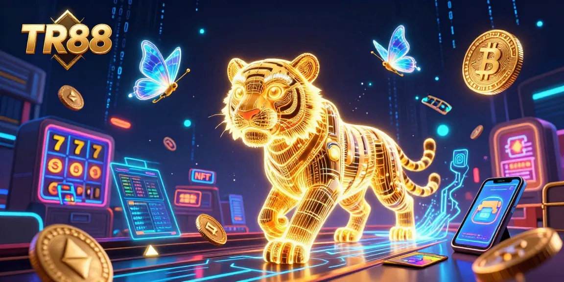 Engage with TR88's vibrant digital casino landscape featuring a golden tiger and crypto elements.