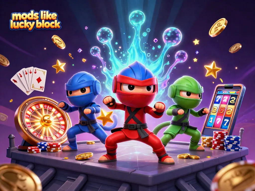 Experience mods like lucky block in this vibrant casino illustration featuring immersive characters and games.
